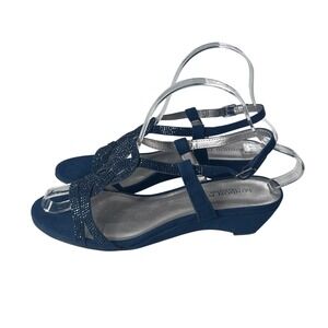London Fog Meadow Navy Blue Rhinestone Strappy Low Wedge Sandals Womens 8M